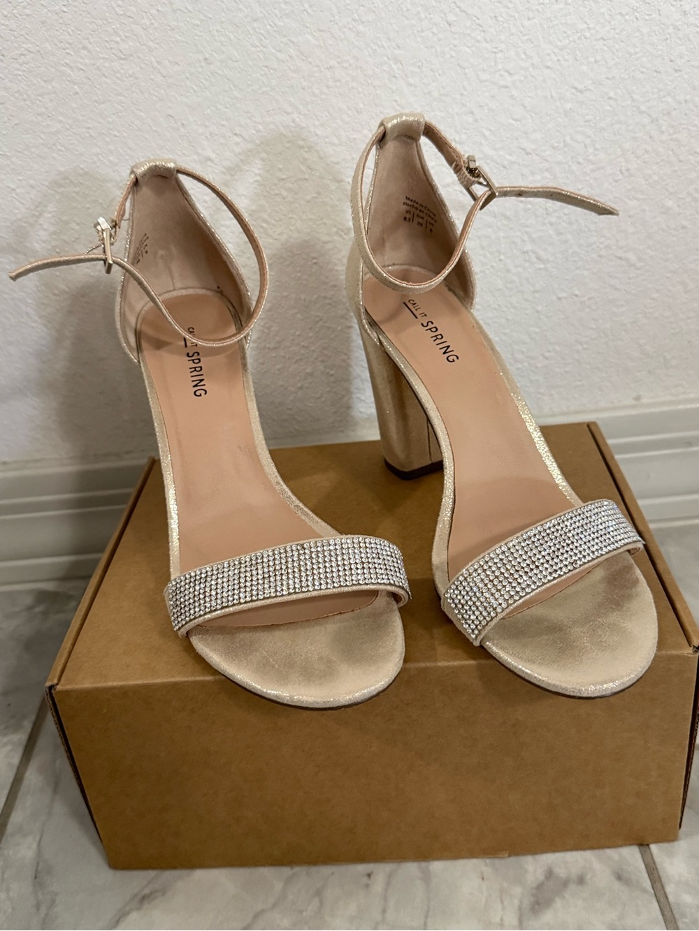 Call It Spring Gold Rhinestone Ankle-Strap Block Heels